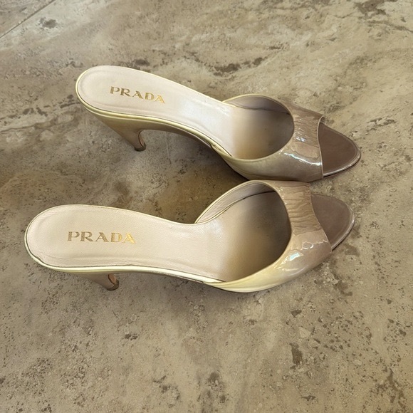 Prada, 2 tone,beige Patient leather, slip-on sandals. Made in Italy, Size 37 - Picture 1 of 6